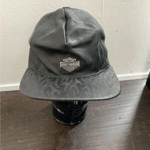 Harley Davidson Vintage Flame Cap Hat Leather Black Elastic Back Strap